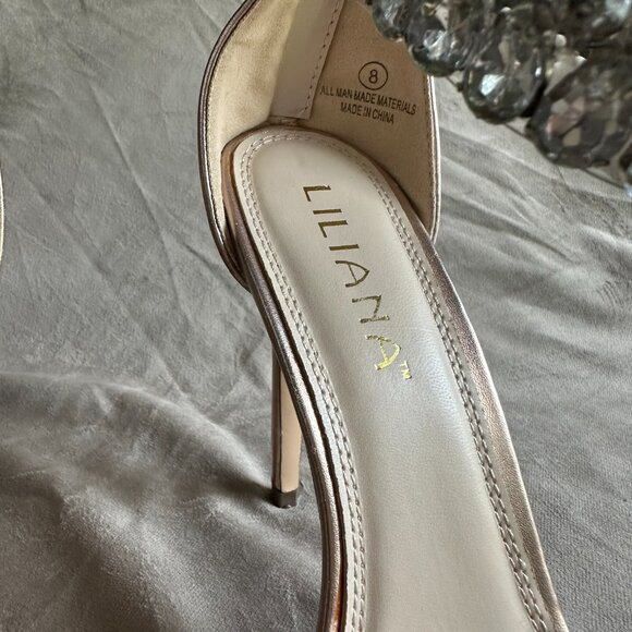 Liliana Rose Gold Open Toe Stiletto Heels with Rhinestone Ankle Strap - Picture 5 of 9